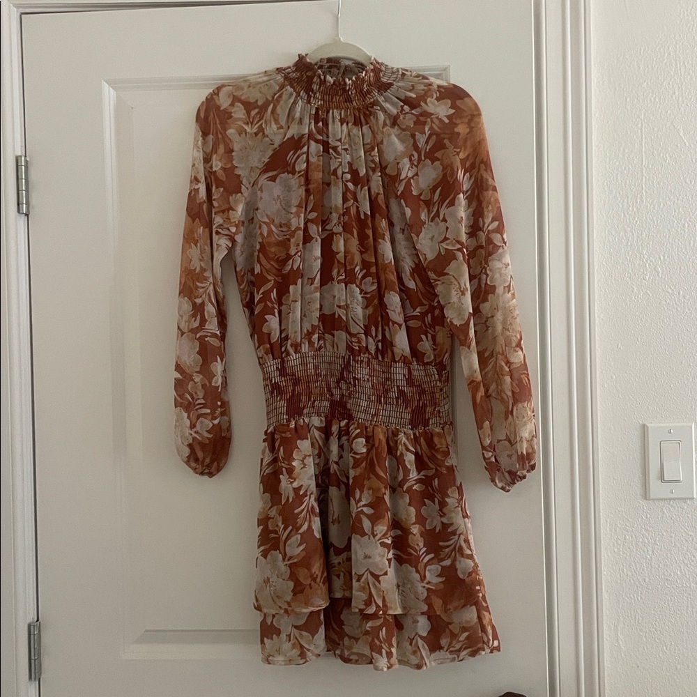 Veronica M Rust Floral Long-Sleeve Smocked Waist Chiffon mini Dress